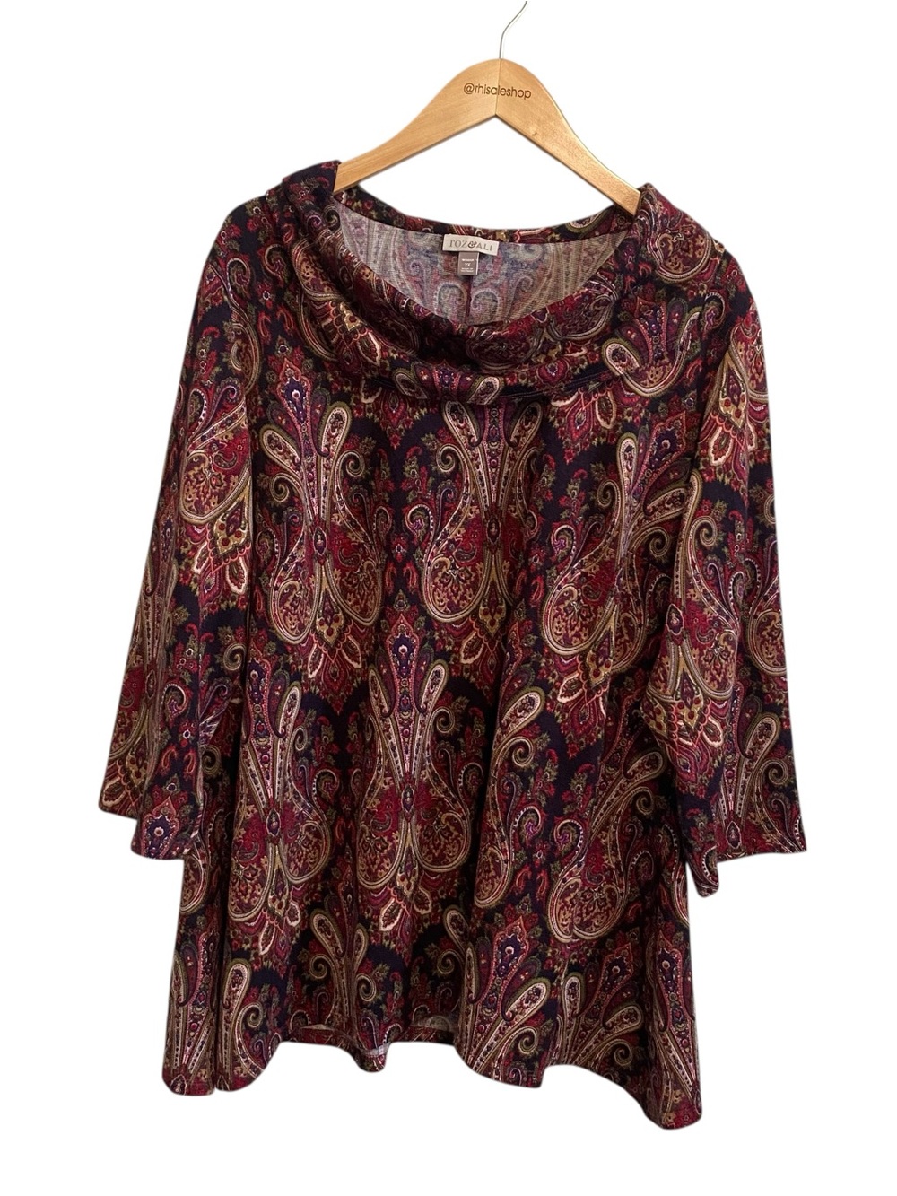 Roz and Ali Plus Burgundy Wine Paisley Printed Cowl Neck 3/4 Sleeve Top Size 2X